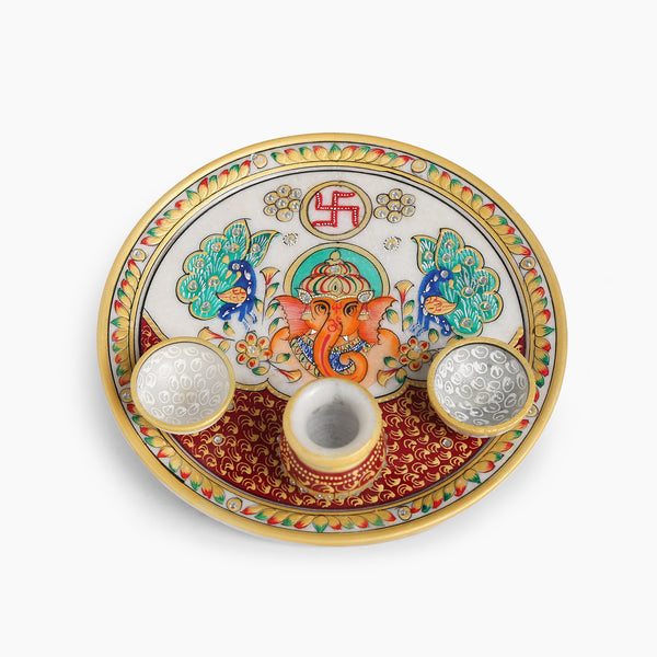 Ganesha & Mor Marble Pooja Thali