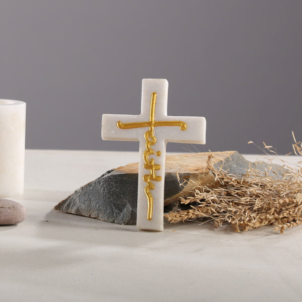 Hand-Carved Marble Faith Cross (Gold)